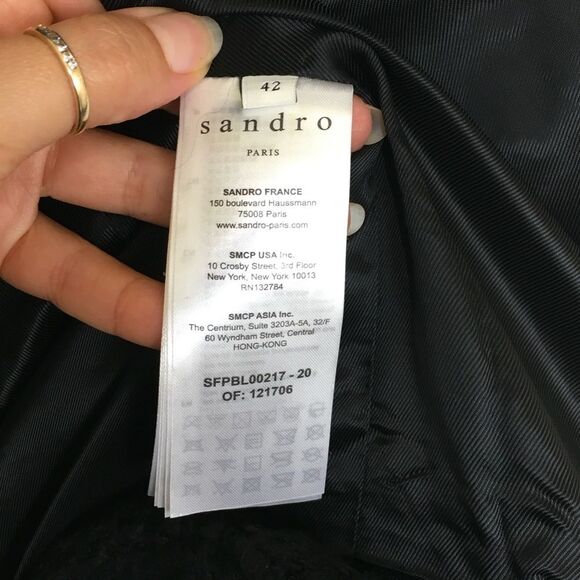 Sandro Black Cropped Leather Trim Button Front Tweed  Boucle Jacket Size 10 - Picture 16 of 17